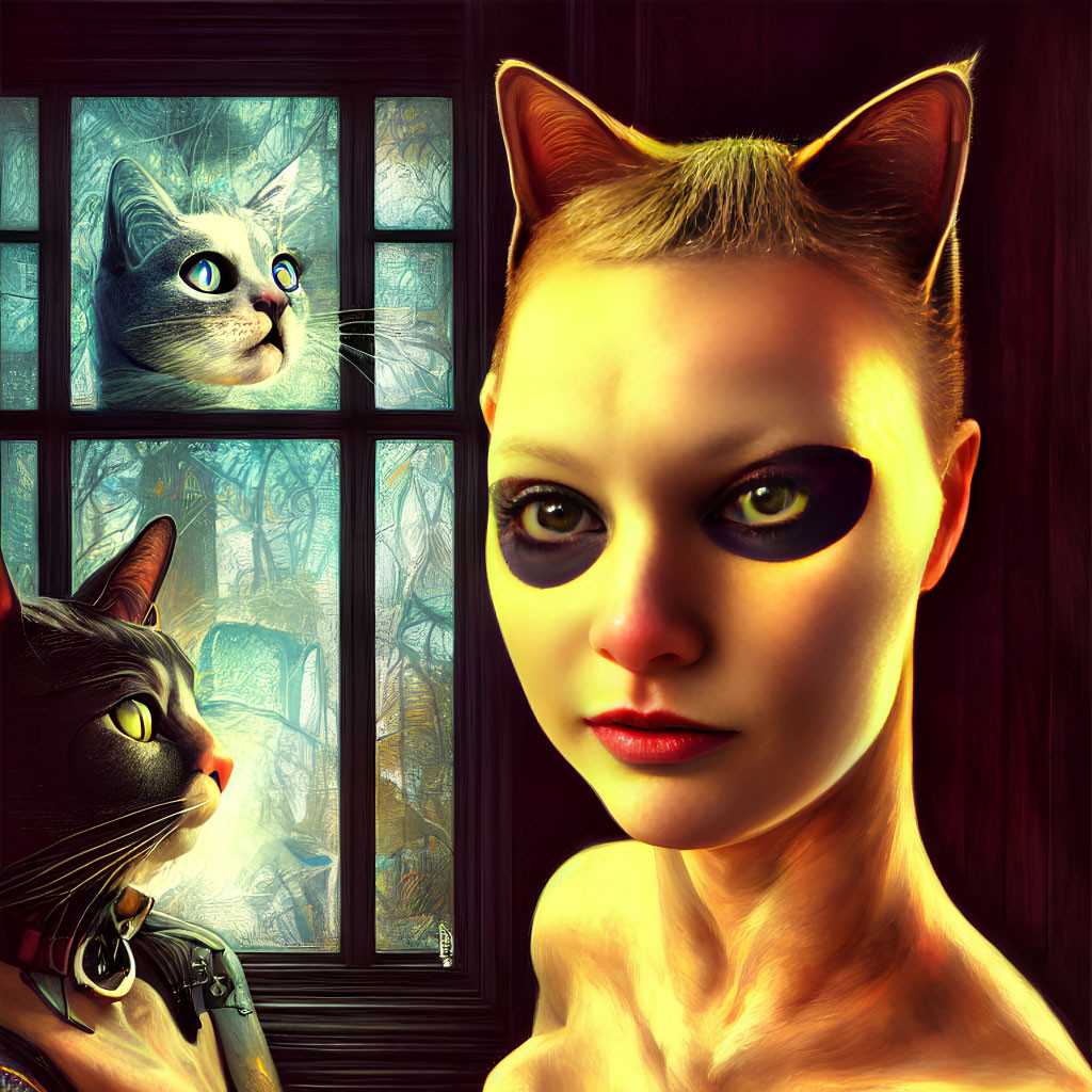 Surreal image of woman with cat-like features and two realistic cats