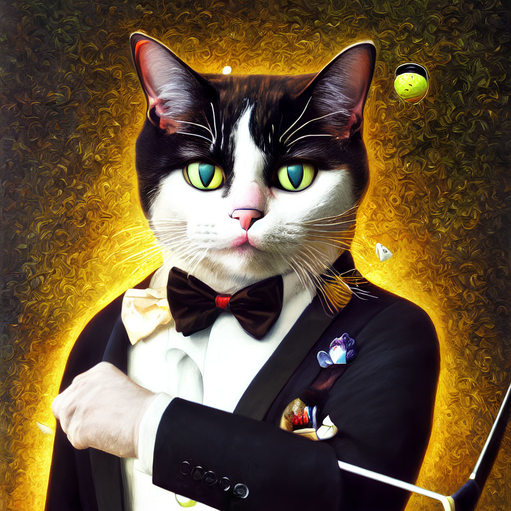 Dapper cat in tuxedo and bow tie on golden background