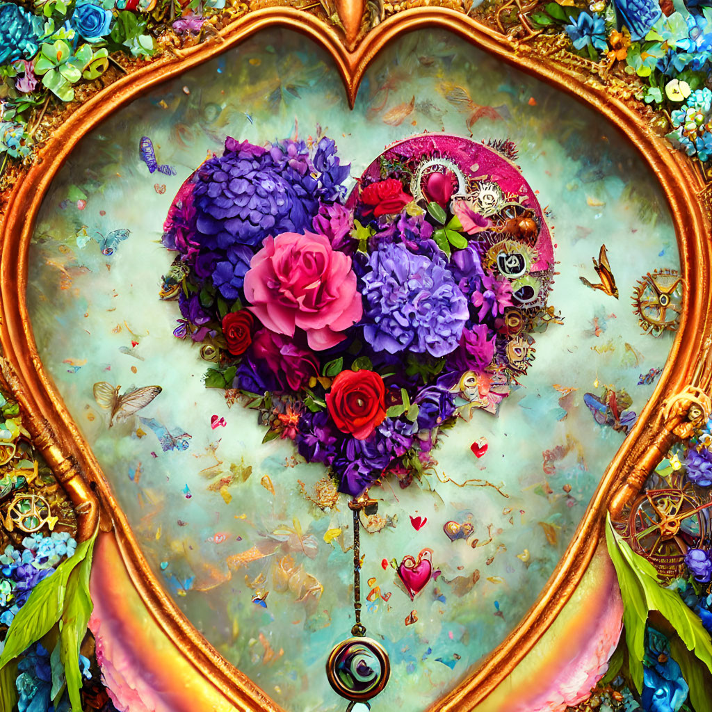 Heart-shaped floral and butterfly artwork in ornate gold frame on blue textured background