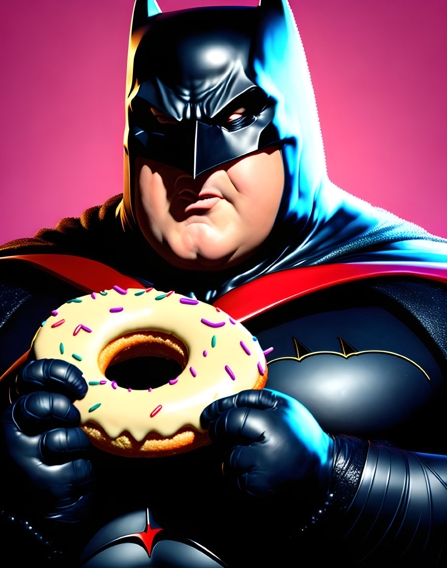 Stylized Batman illustration with humorous expression and sprinkled donut on pink background