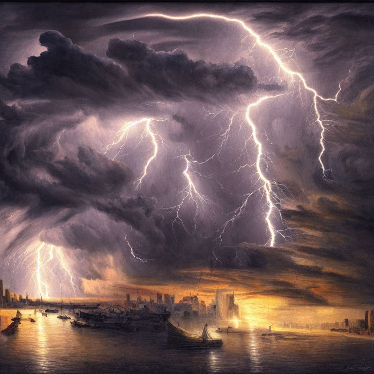 Maritime scene with lightning storm over cityscape