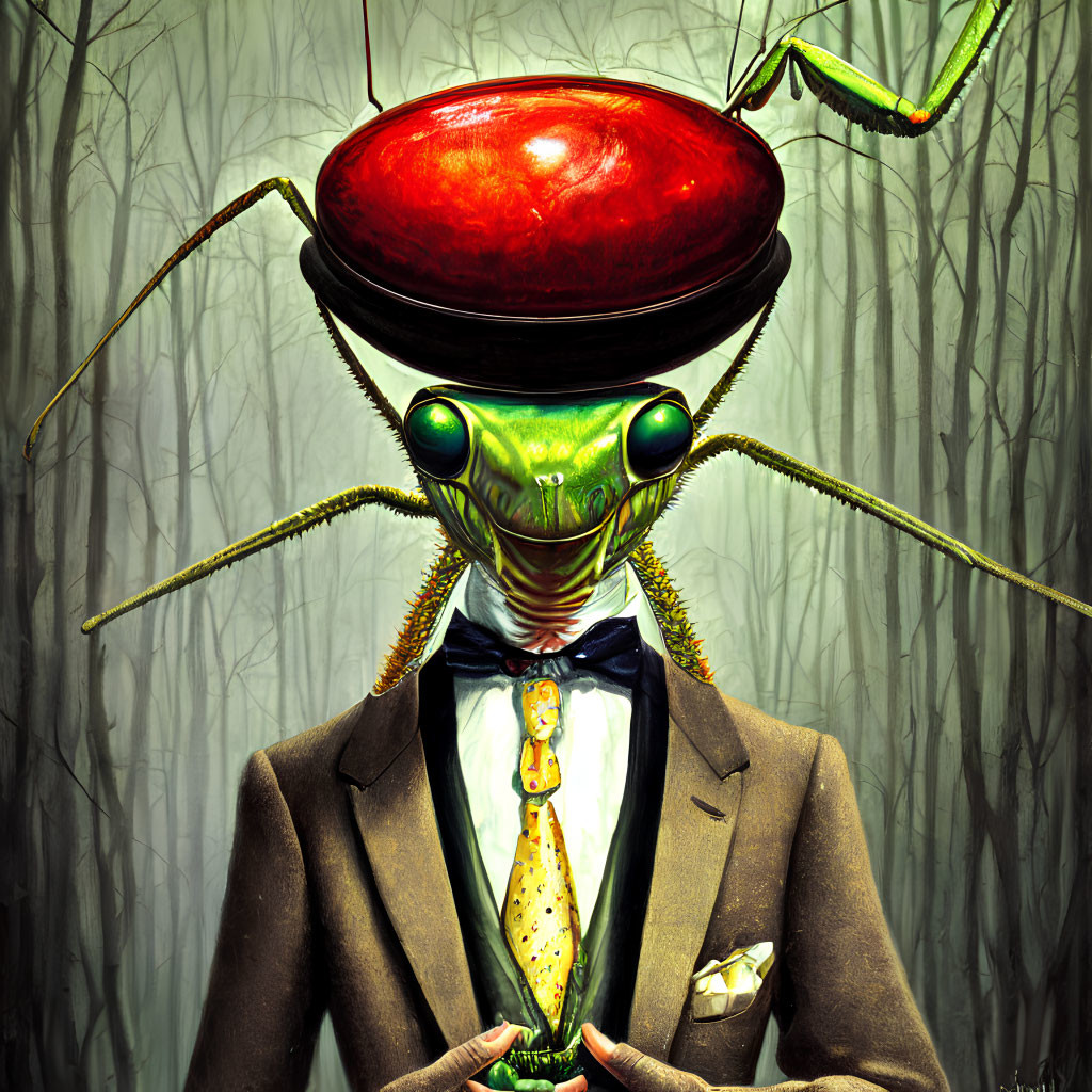 Illustration of mantis humanoid in suit with apple head in forest