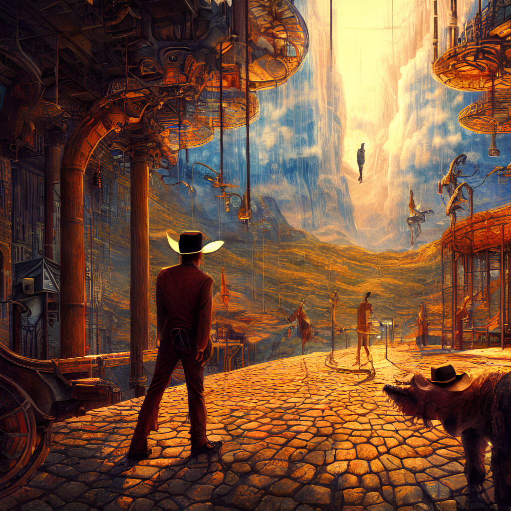 Cowboy hat man in steampunk cityscape with floating figures and dog.