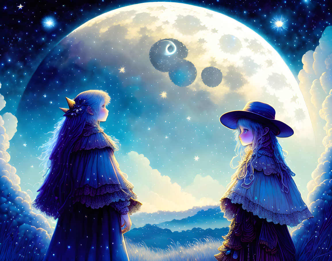 Two anime-style girls under starry sky with moon & celestial bodies.