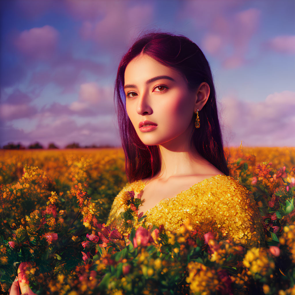 Dark-haired woman in yellow dress surrounded by vibrant flowers under purple dusk sky