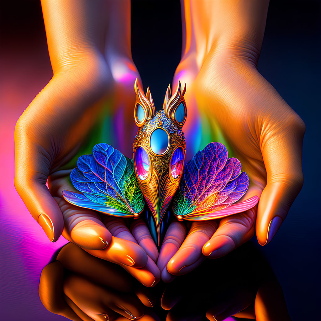 Vibrant peacock feather mask held by two hands under neon light