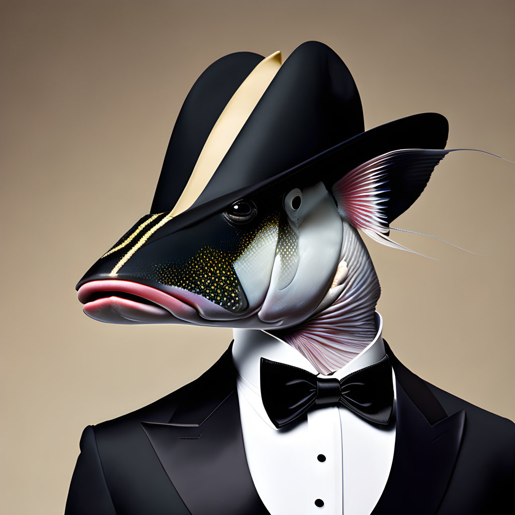 Stylized fish illustration in black suit, bow tie, and fedora hat