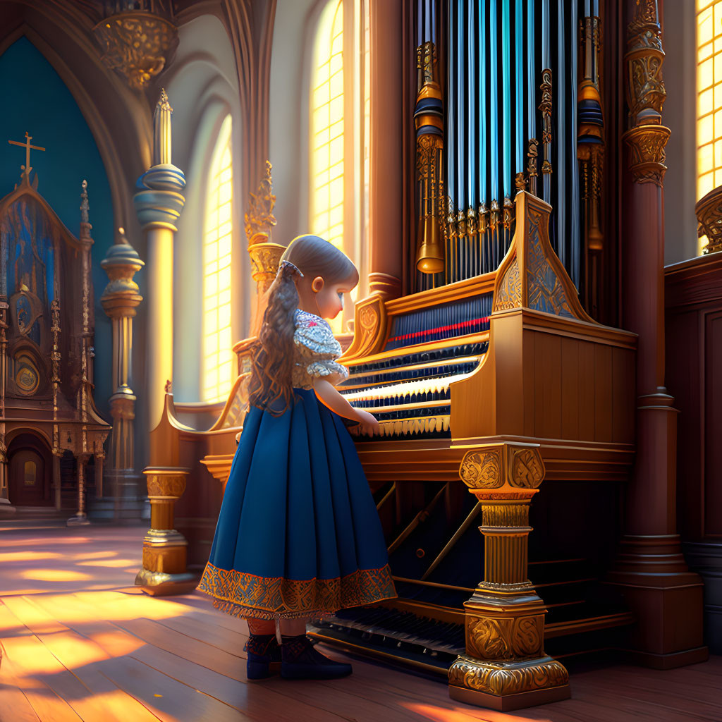 Young girl in blue dress playing golden organ in sunlit church