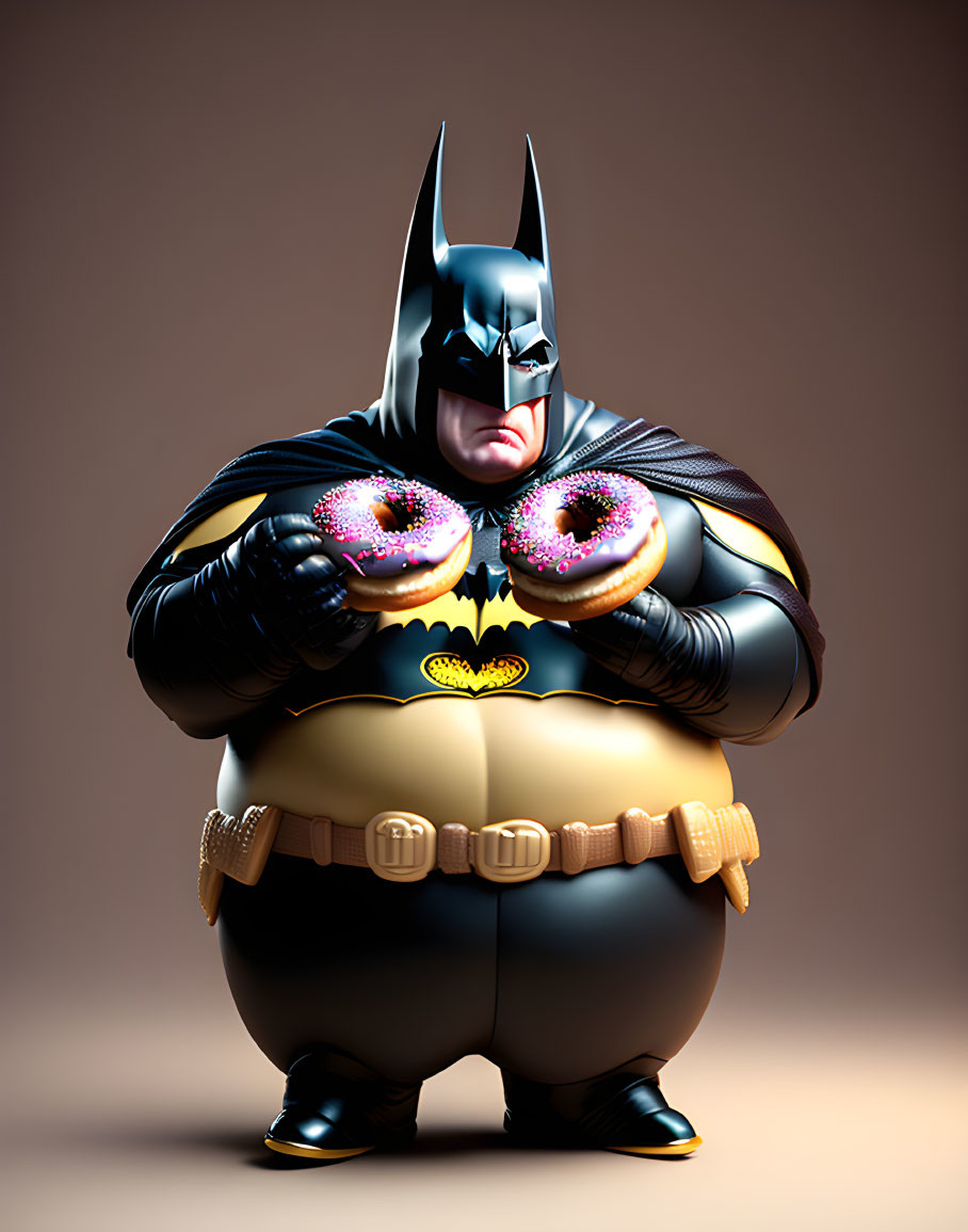 Overweight Batman caricature with pink donuts on plain background