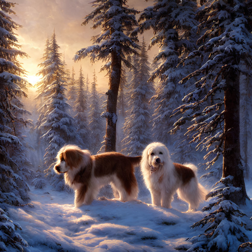 Fluffy dogs in snow-covered forest at sunrise or sunset