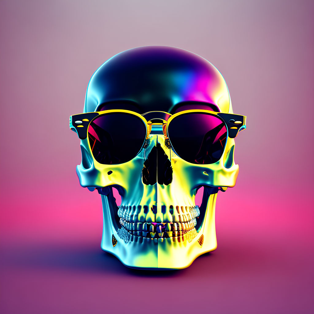 Iridescent human skull with sunglasses on pink and purple gradient background