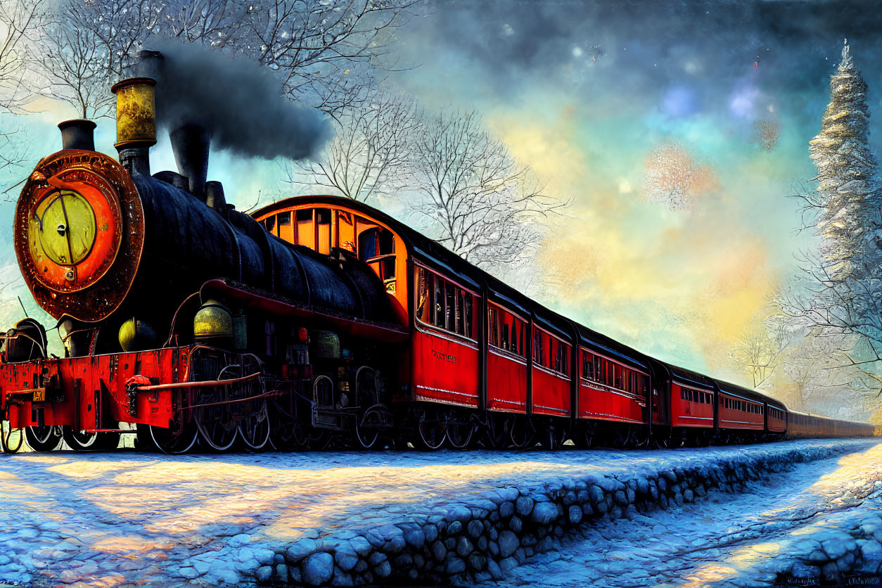 Vintage steam locomotive in black and red traverses snowy twilight landscape.