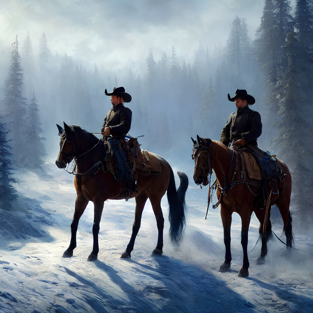 Cowboys on Horseback in Snowy Forest with Misty Trees