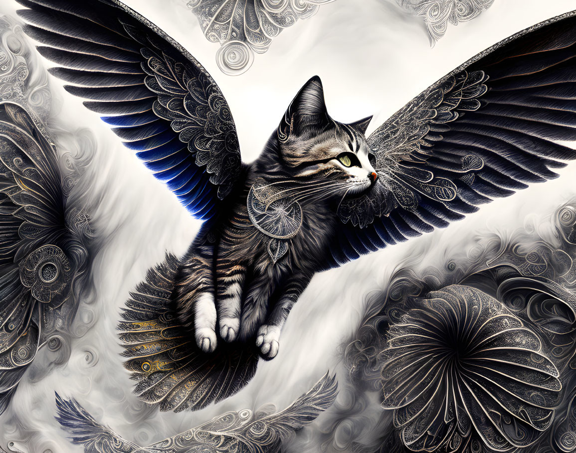 Monochromatic digital art: Cat with large wings soaring in stylized clouds