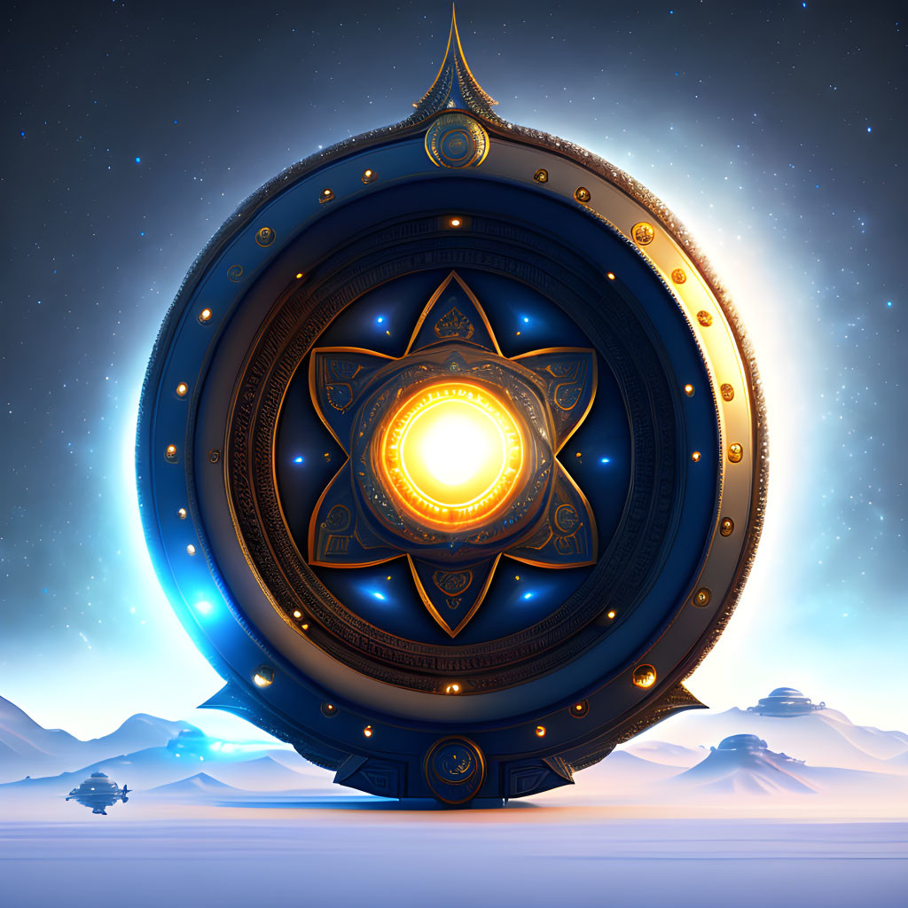 Circular artifact with orange glow, blue and gold designs, in desert under starry sky