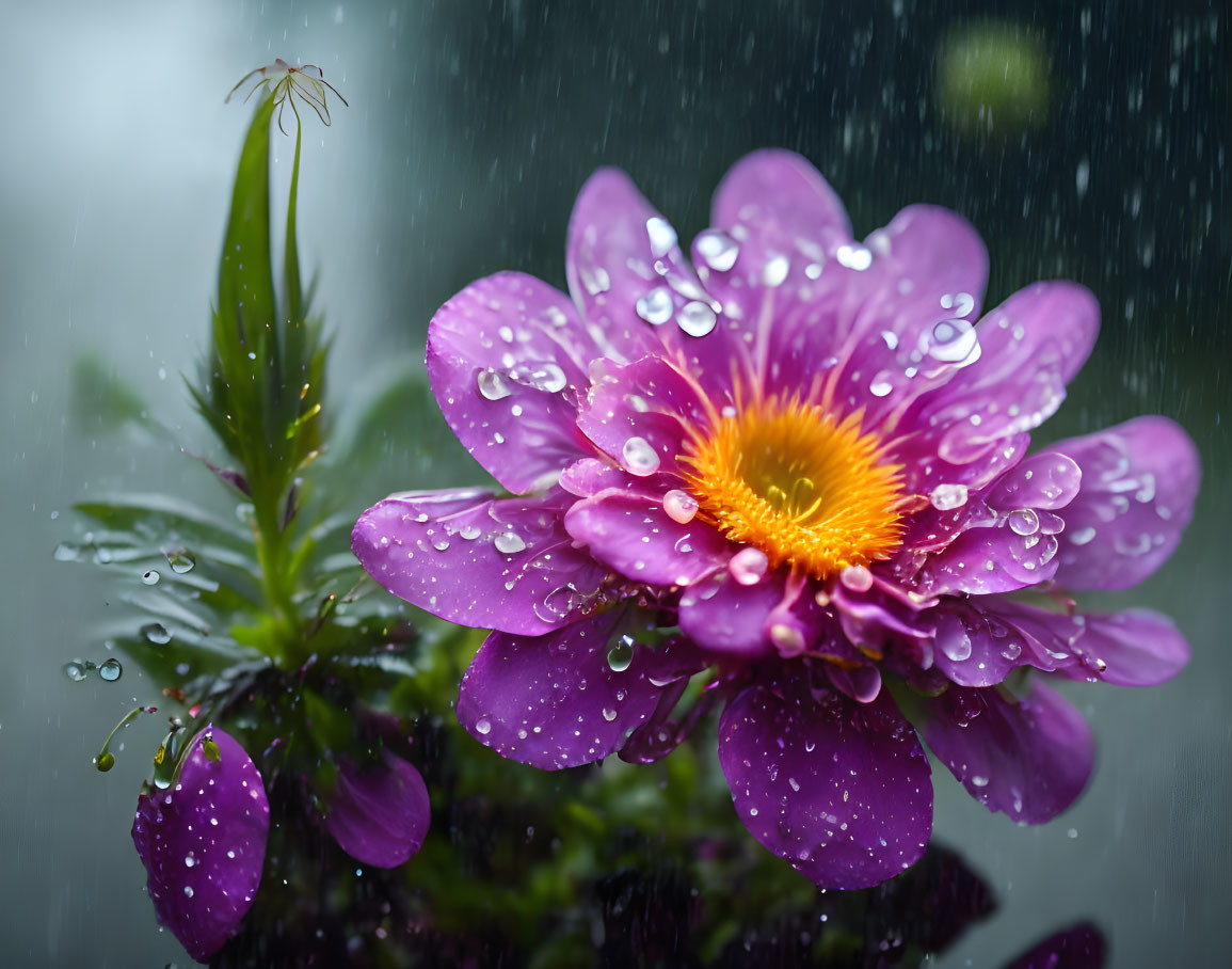 Vibrant purple flower with yellow center in rain-covered greenery