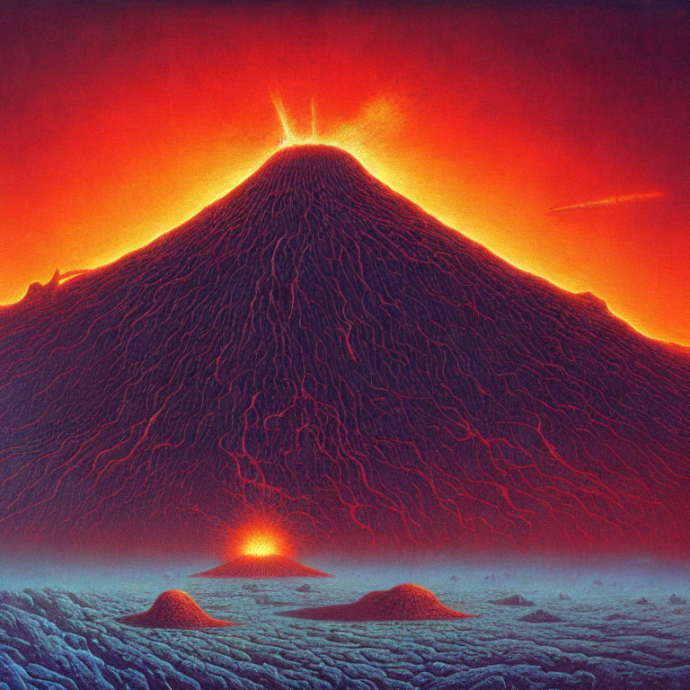 Illustration of volcanic eruption with molten lava and ash clouds in fiery glow