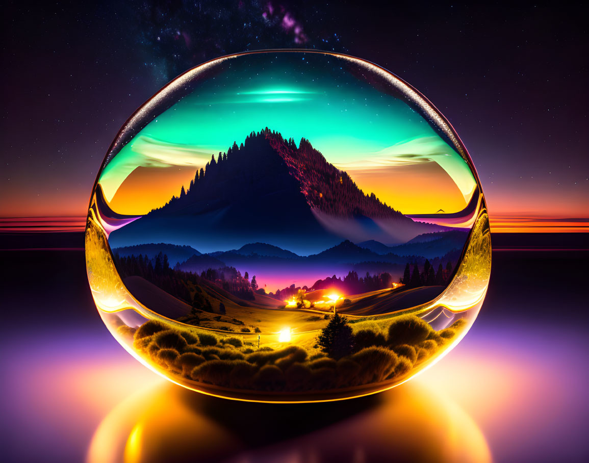 Glass sphere with mountainous horizon, northern lights, and glowing sunset