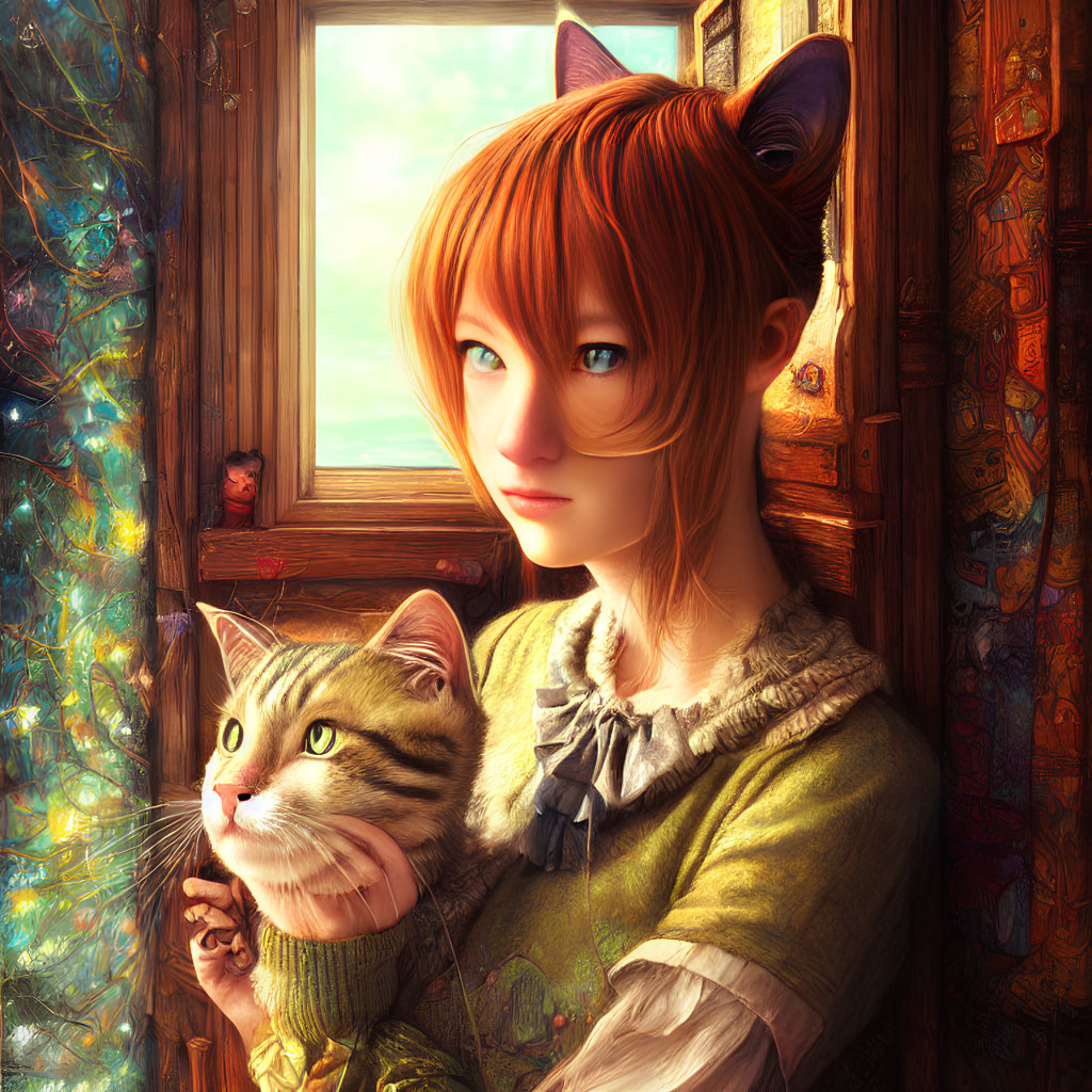 Woman with Cat Ears Holding Tabby Cat by Window