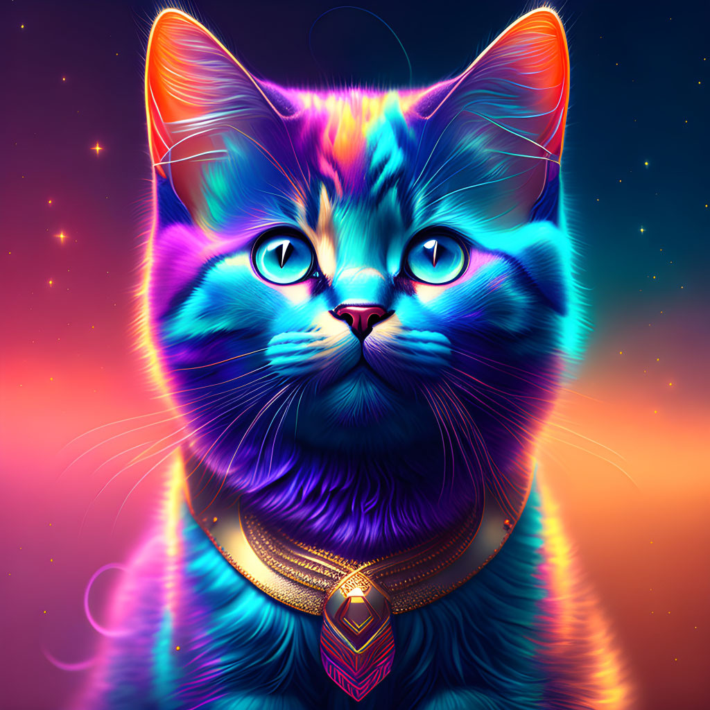 Colorful Digital Illustration: Cat with Neon Blue and Pink Hues, Green Eyes, Decorative