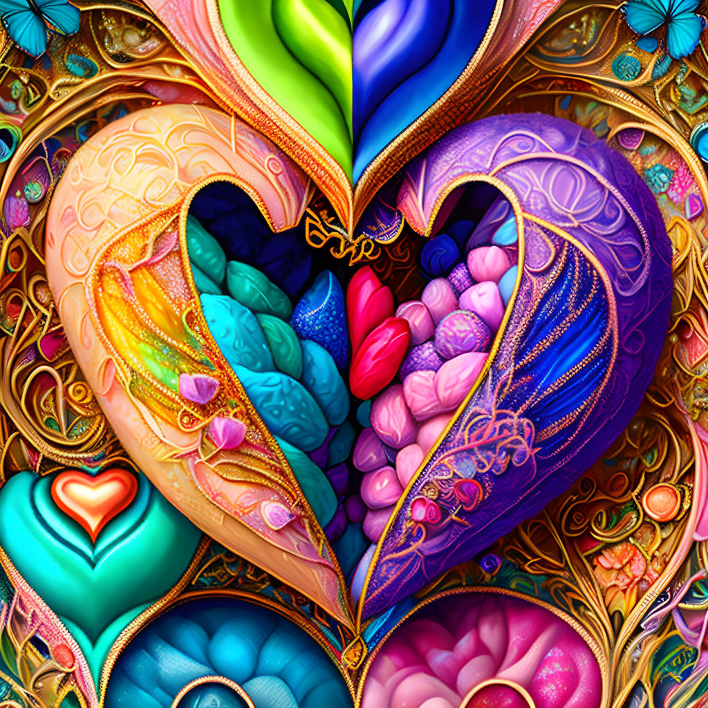 Colorful Digital Artwork: Ornate Heart Design with Nested Hearts