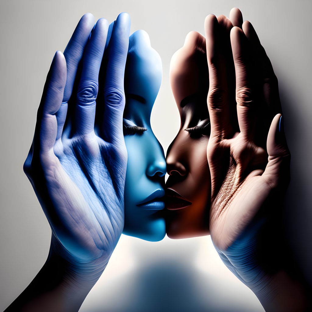 Composite Symmetrical Portrait of Blue and Brown Faces Framed by Hands