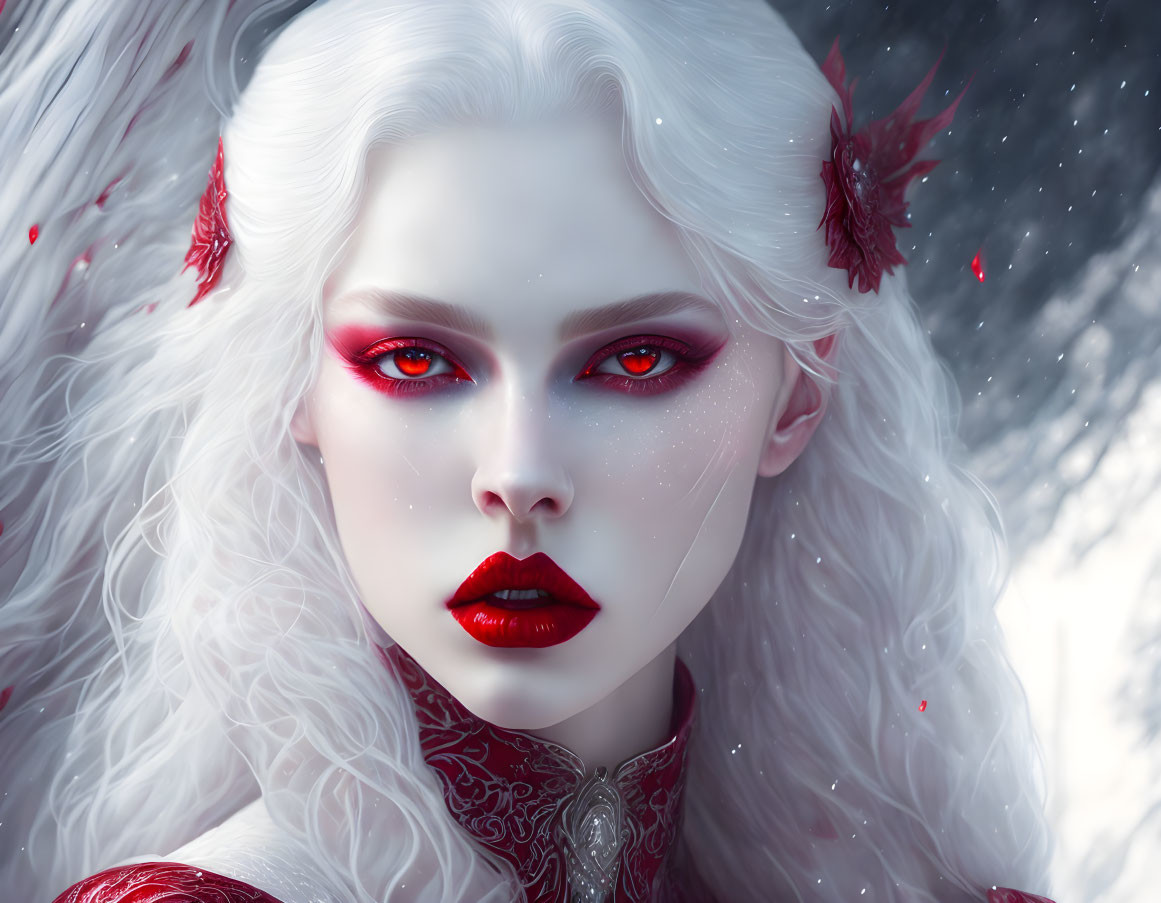 Snow-white hair, red eyes, vibrant lips: Ethereal woman in snowy setting with crimson accents.