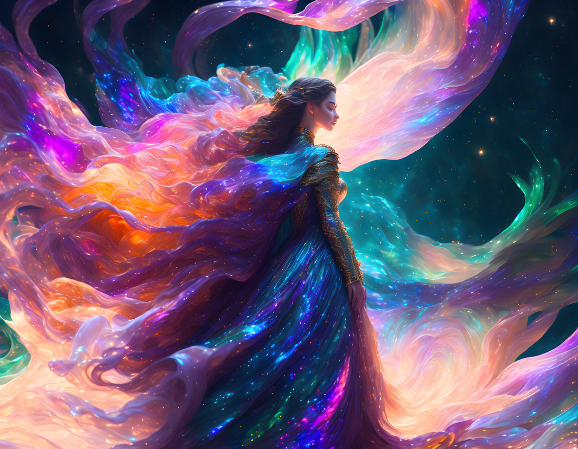 Woman in flowing gown amid cosmic colors on starry backdrop