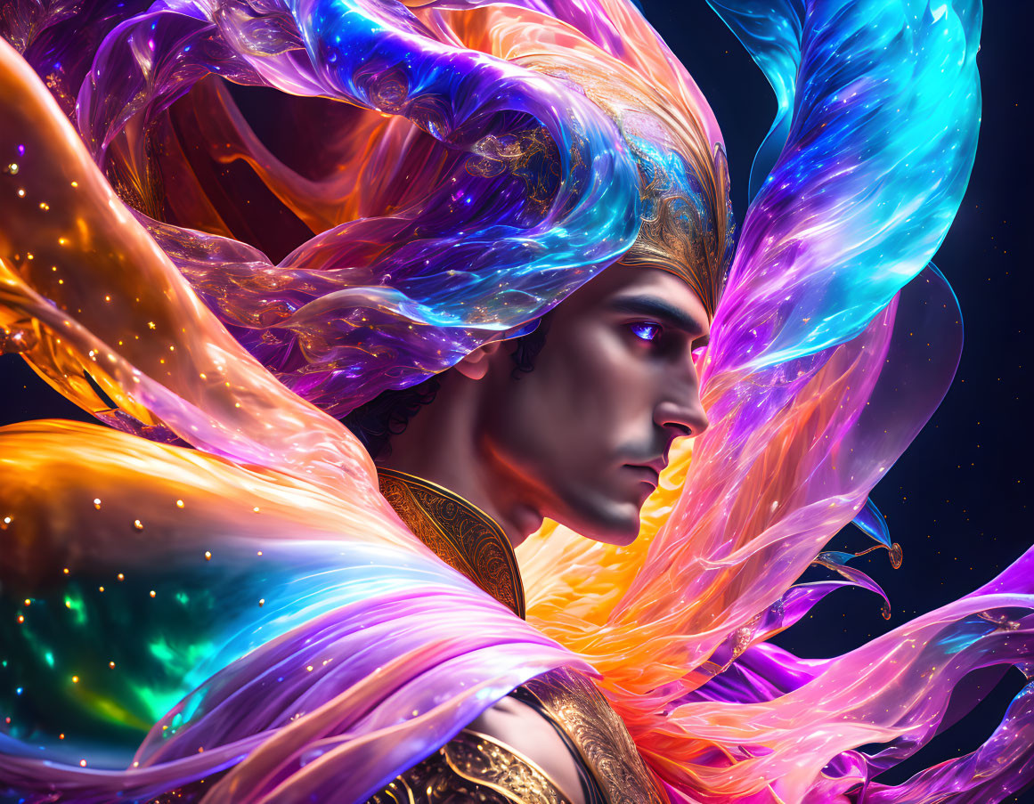 Regal profile with golden crown in cosmic digital art