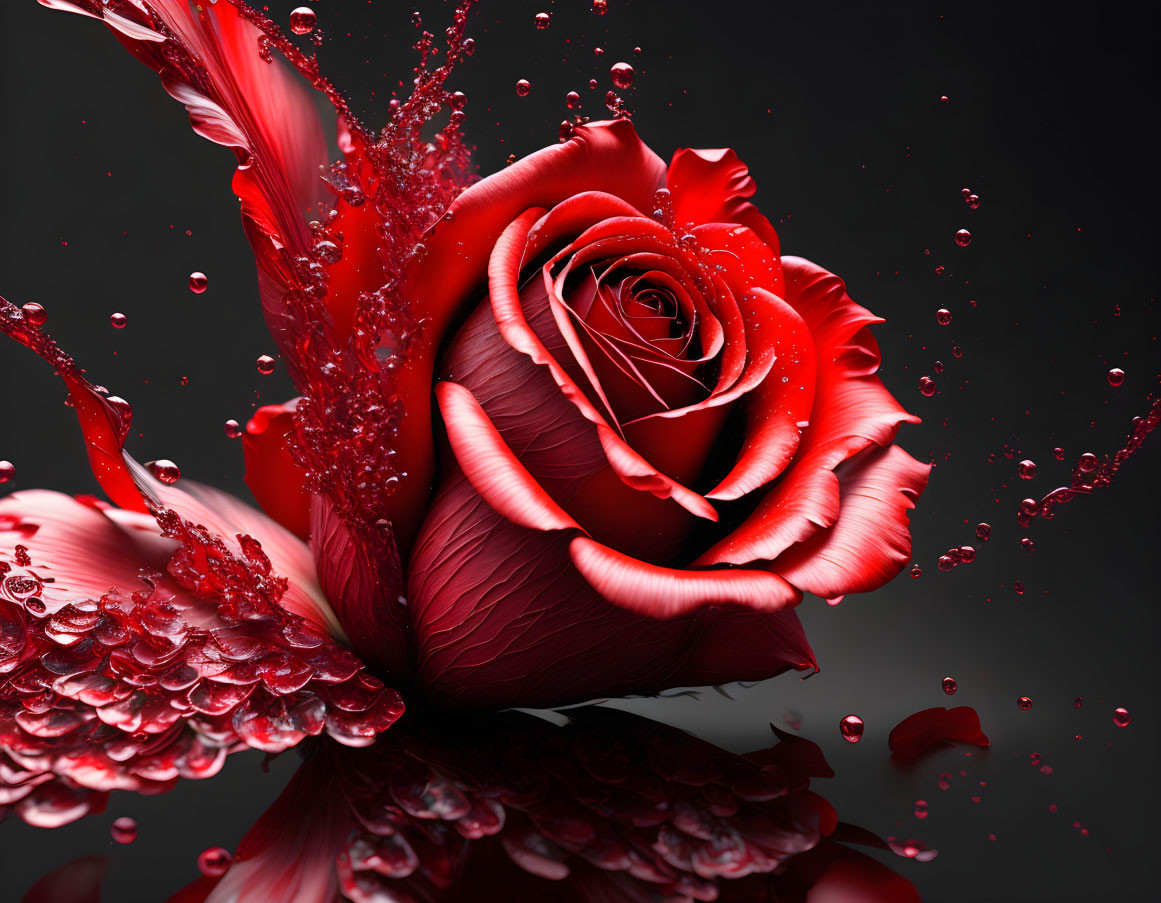 Red rose submerged in water with splashes on dark background