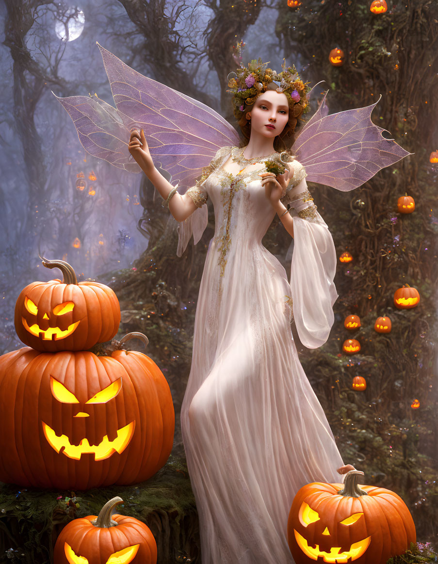 Translucent-winged fairy among carved jack-o'-lanterns in misty forest