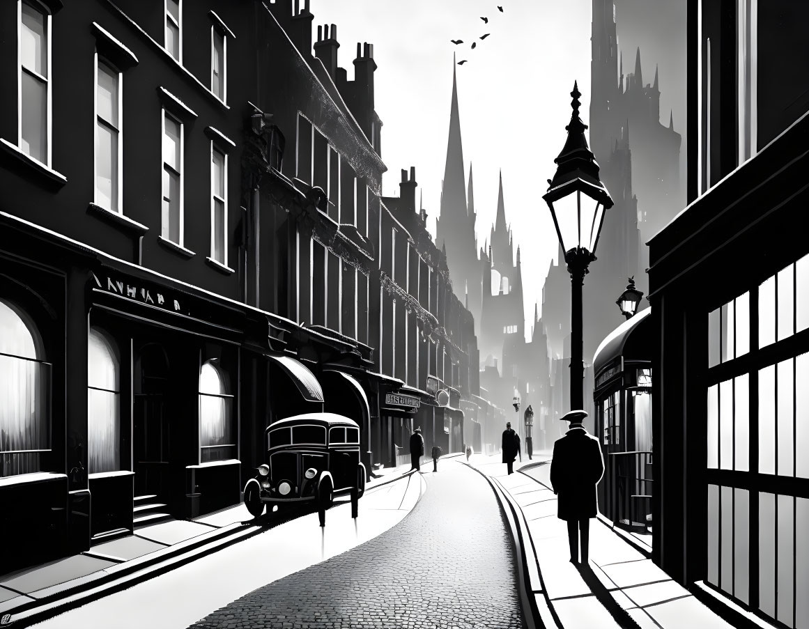 Monochromatic artwork of old-fashioned street scene