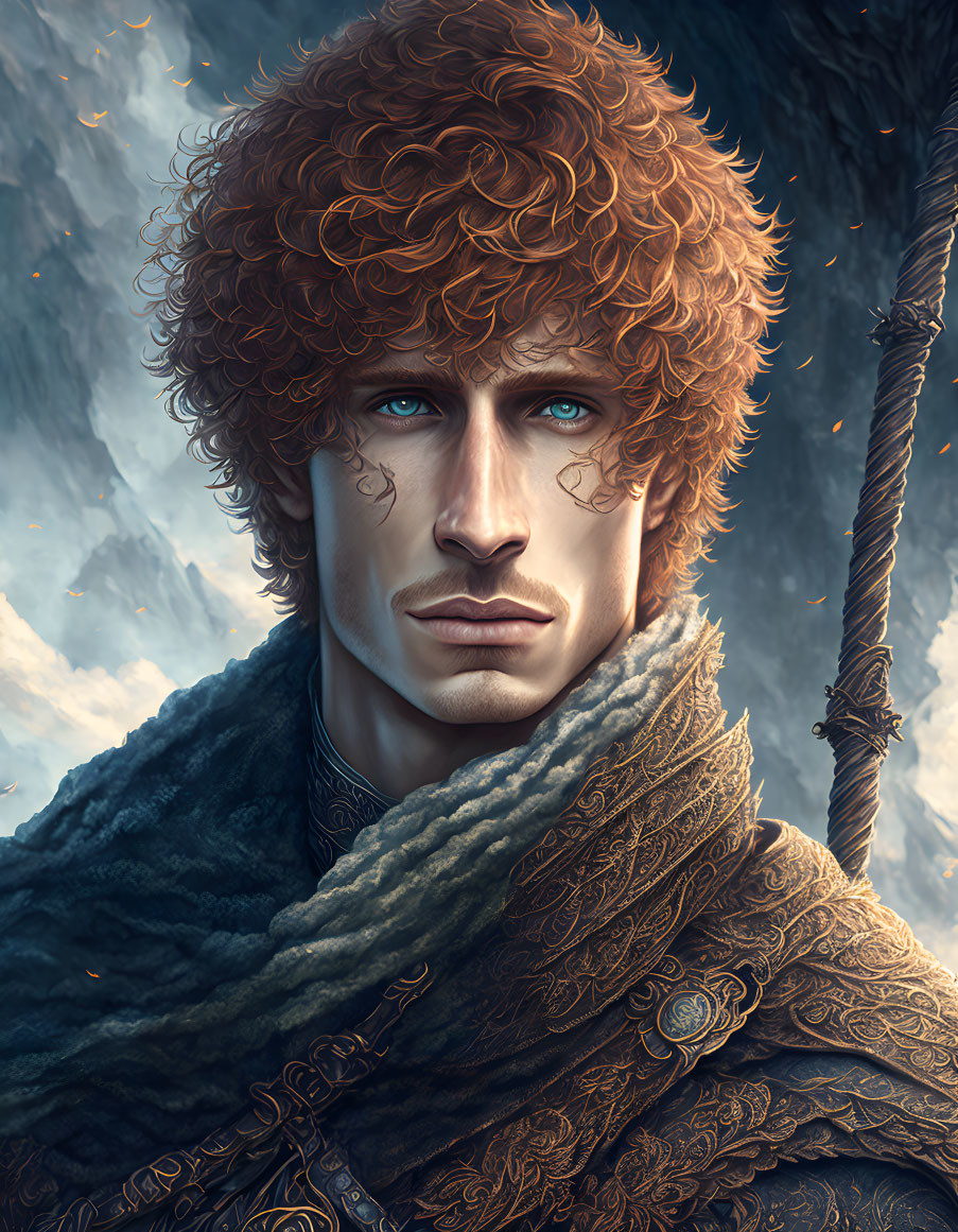 Fantasy male character with curly brown hair and blue eyes in ornate clothing against wintery backdrop