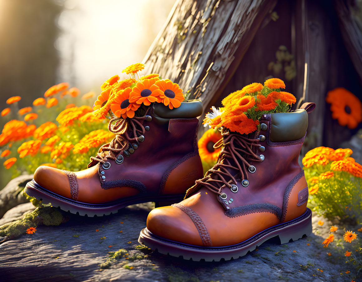 Leather hiking boots with orange marigold flowers on wooden backdrop