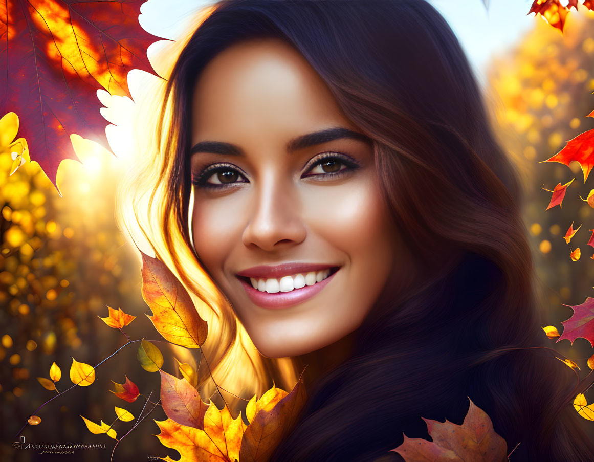 Smiling Woman in Vibrant Autumn Scene