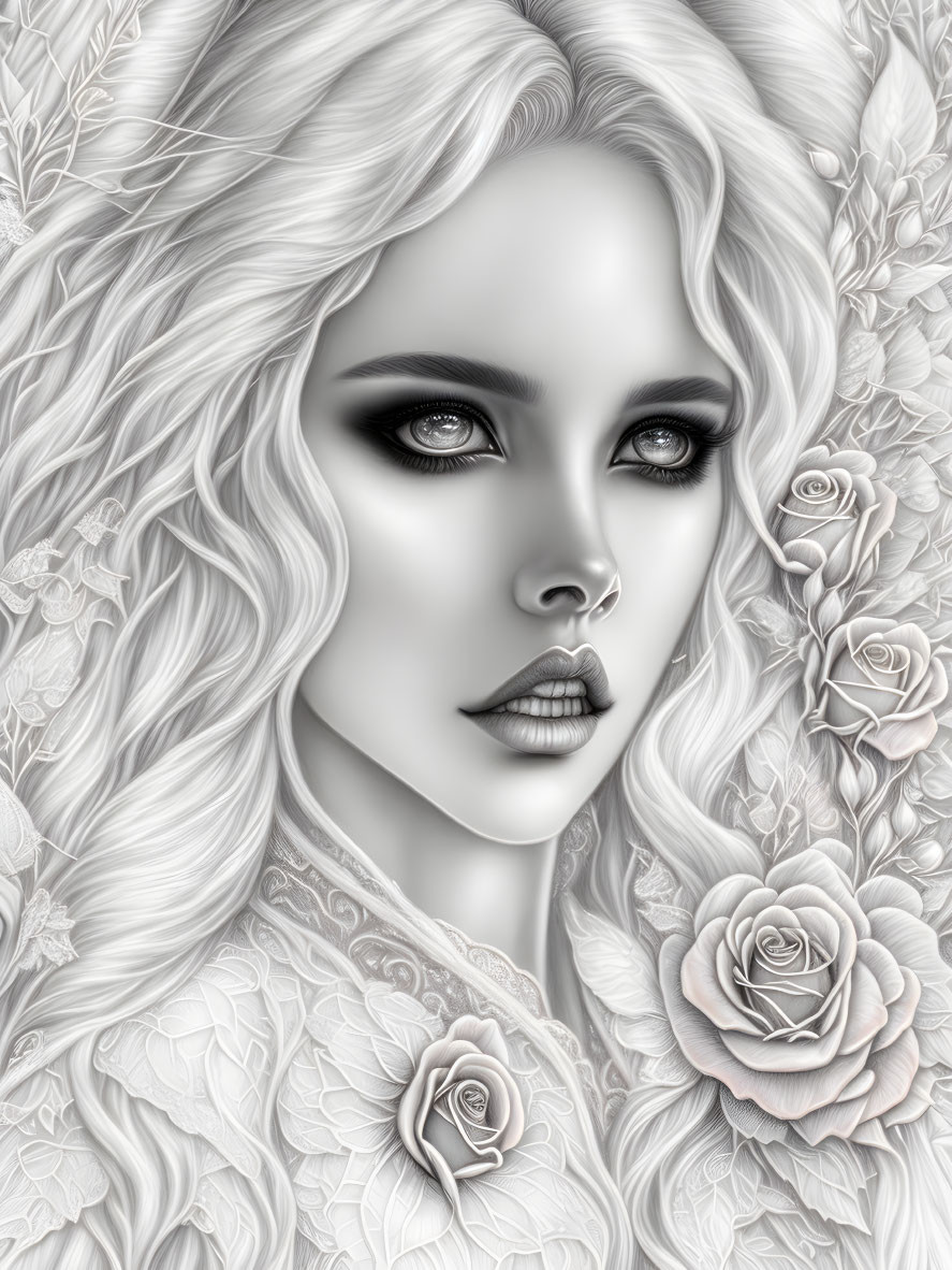 Detailed monochromatic artwork of woman with intricate hair and floral elements.