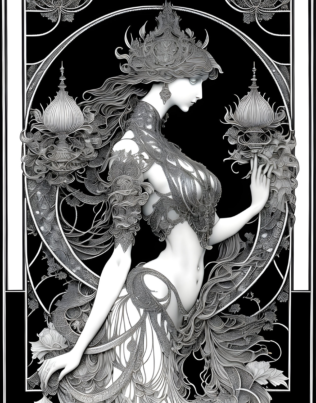 Detailed monochrome art nouveau illustration of an ethereal woman with flowing hair and ornate attire, surrounded