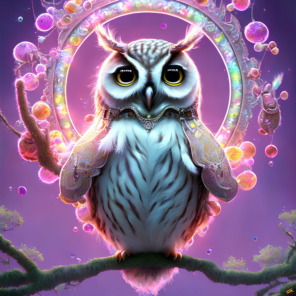 Majestic owl in silver armor on branch with magical rings in purple background