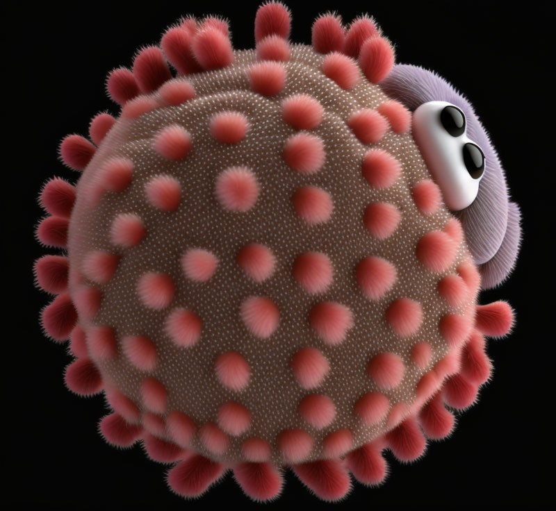 Spherical Creature with Large Eyes and Pink Spikes