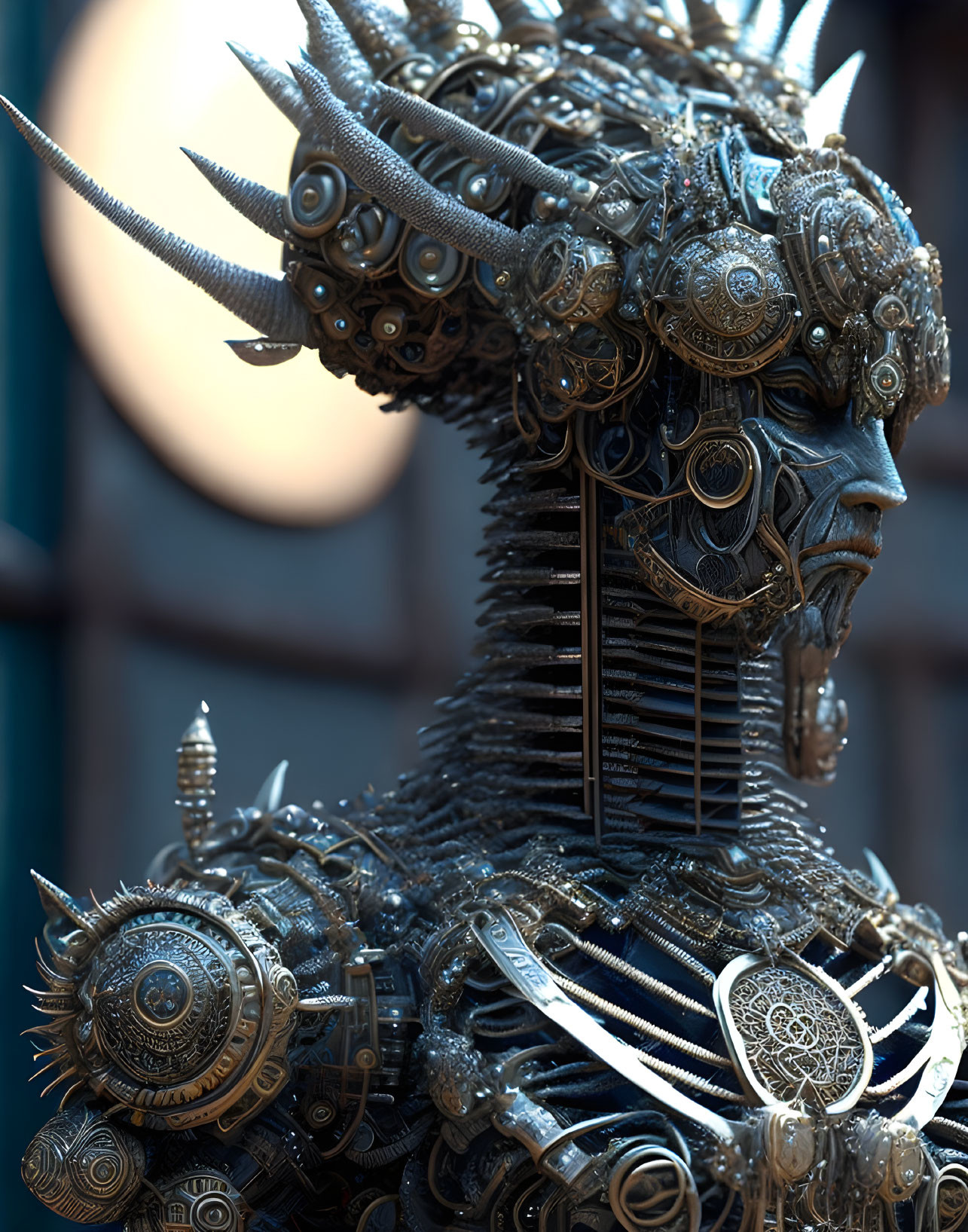 Detailed Metallic Steampunk Sculpture of Humanoid Figure