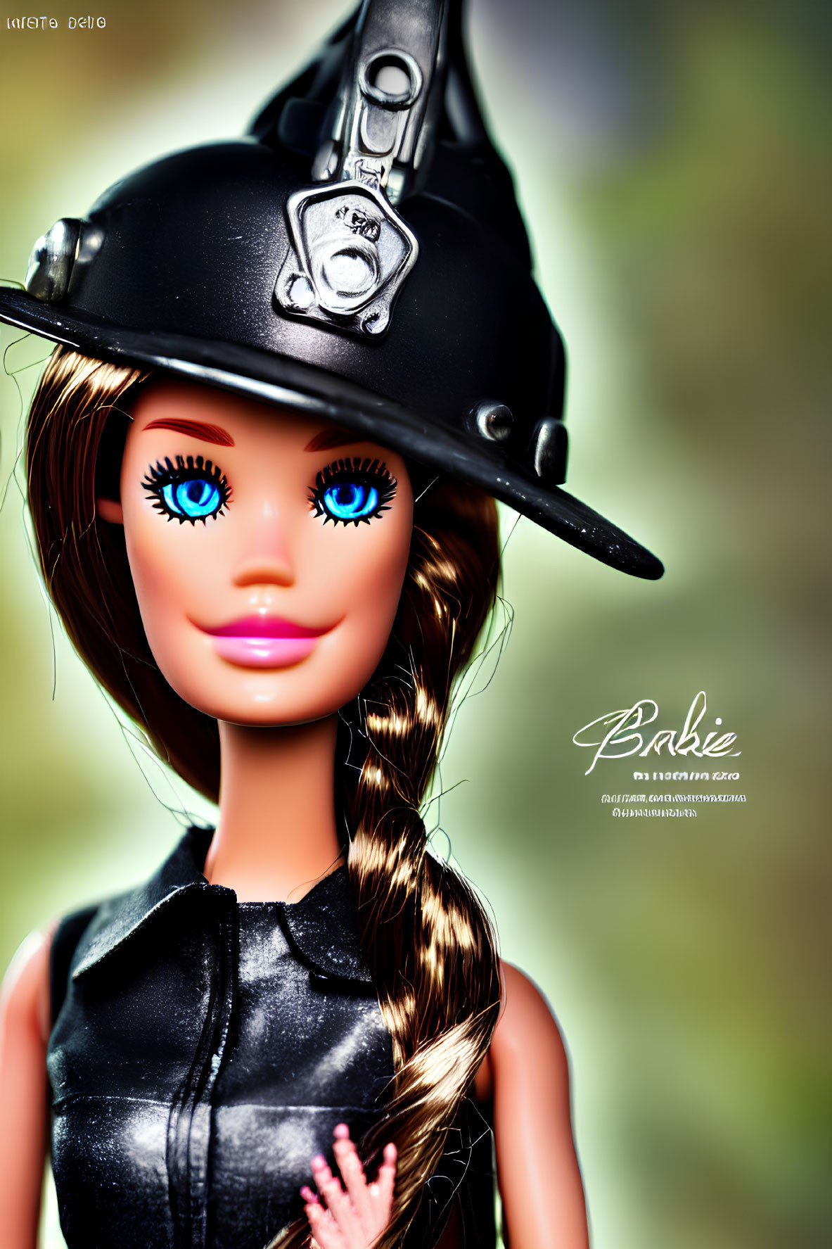 Detailed Barbie doll with firefighter helmet and blue eyes.