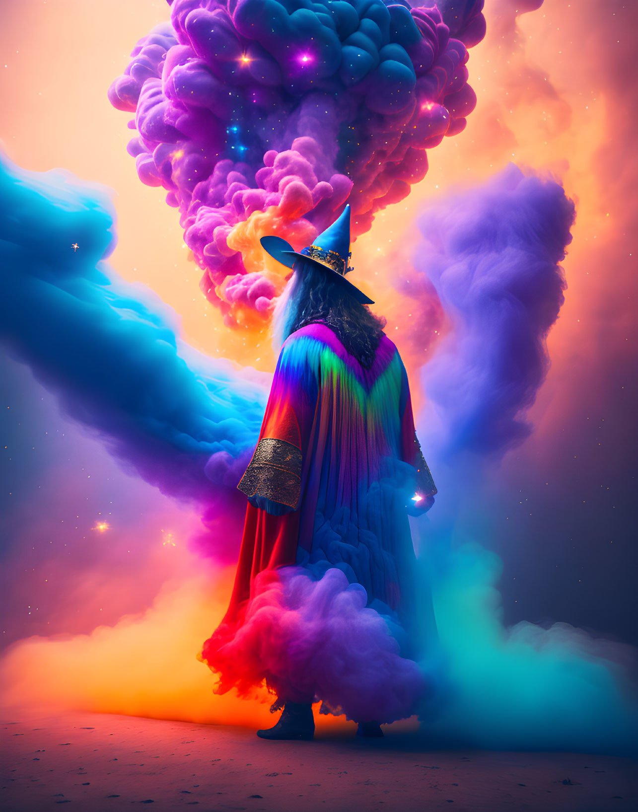 Colorful Robed Wizard Stands Before Cosmic Cloud Formation