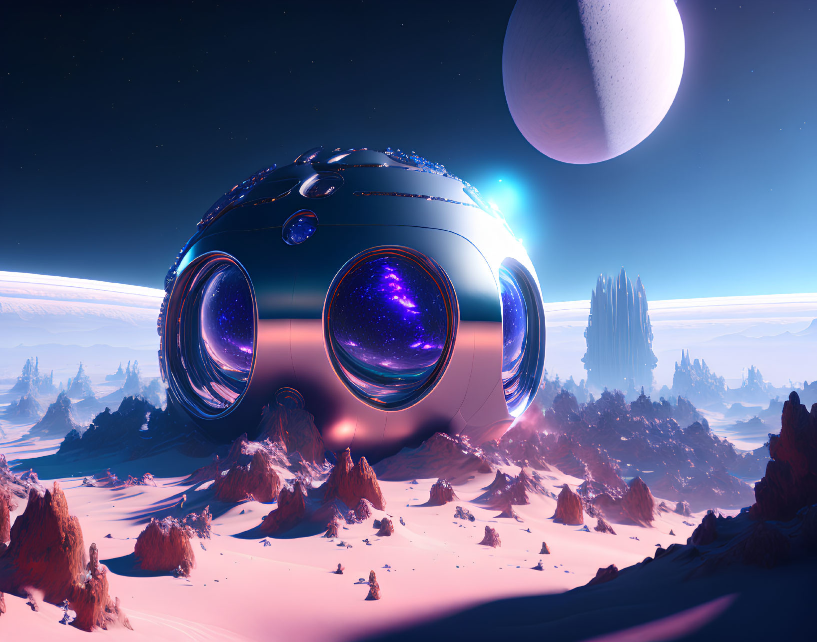 Futuristic spherical structure on alien desert planet with starry cosmos view