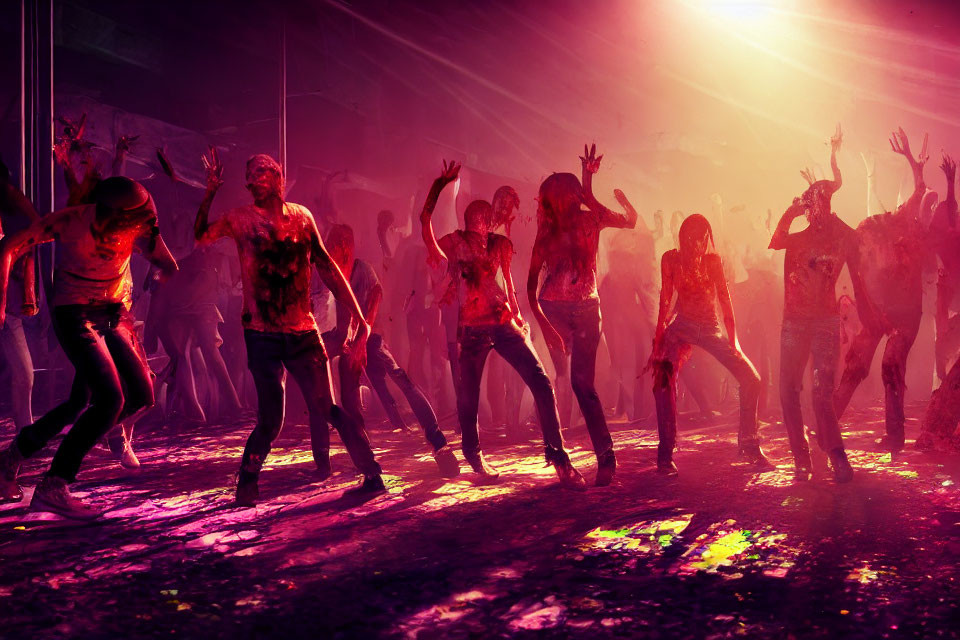 Colorful Dance Floor with Party-Goers and Dynamic Shadows