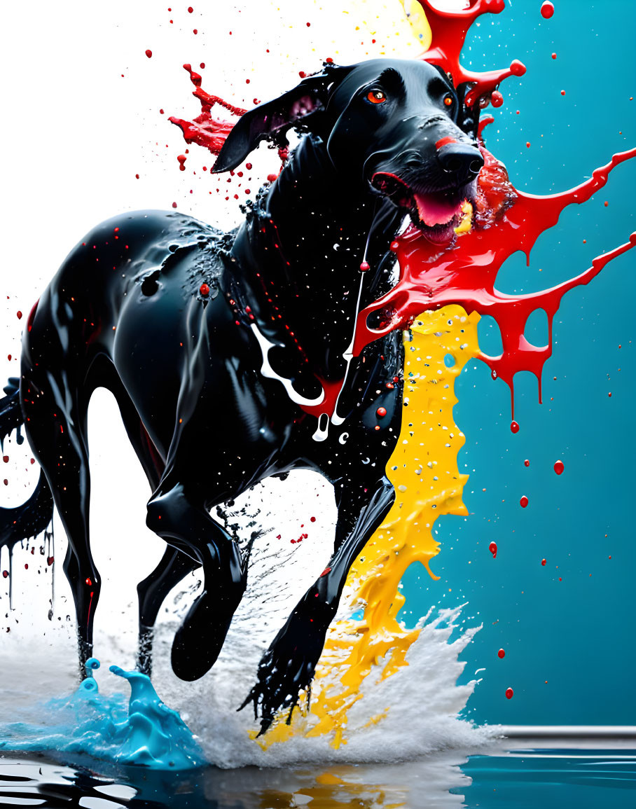 Vibrant black dog painting with red, blue, yellow, and white splashes