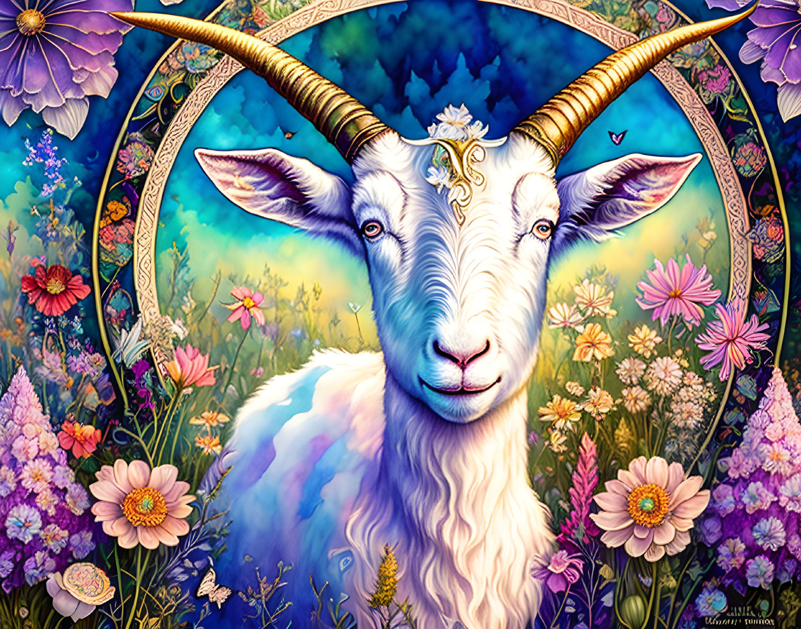 Colorful Fantastical Goat Illustration with Floral Background