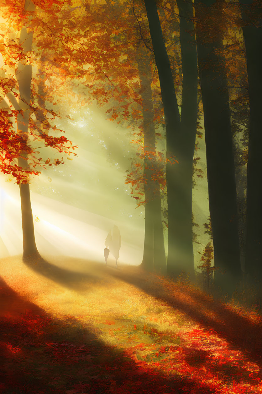 Person walking in sun-dappled autumn forest with vibrant leaves