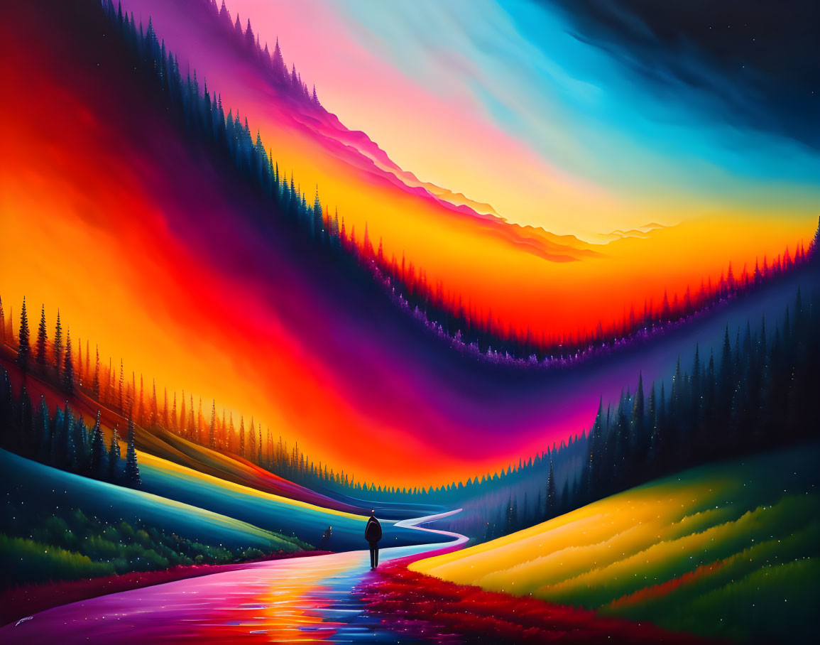 Colorful painting of person by reflective river under sunset sky