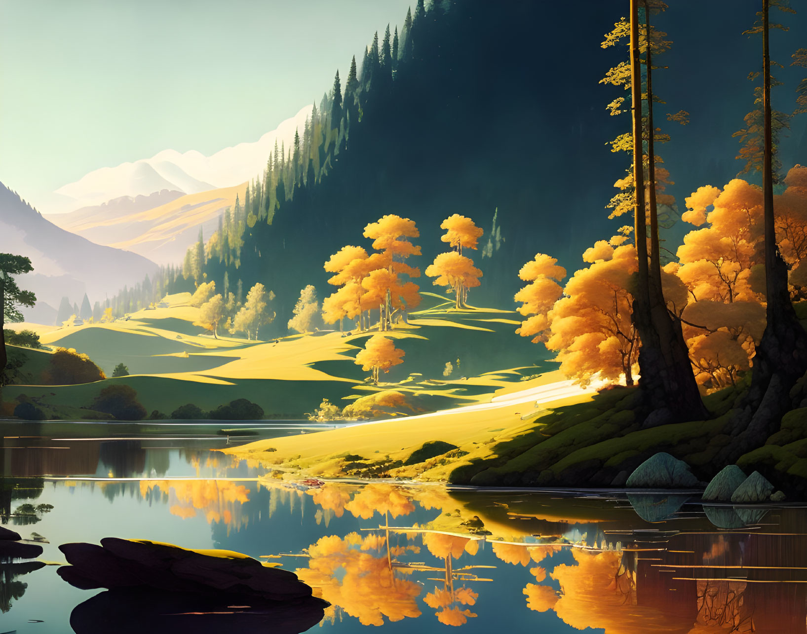 Tranquil lake scene with golden trees and rolling hills