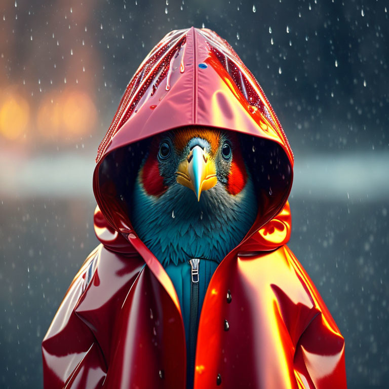 Colorful Parrot in Red Raincoat Stands in Snow